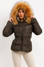 Faux Fur Hood Puffer Jacket With Belt Khaki