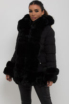 Puffer Jacket With Fur Hood Cuff And Trim Black