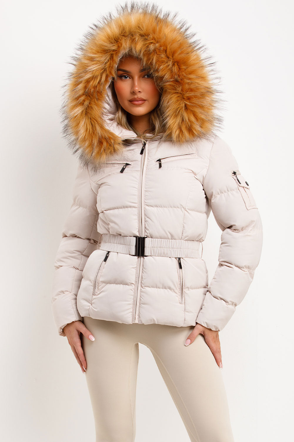 Faux Fur Hood Puffer Jacket With Belt Beige