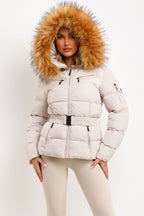 Faux Fur Hood Puffer Jacket With Belt Beige