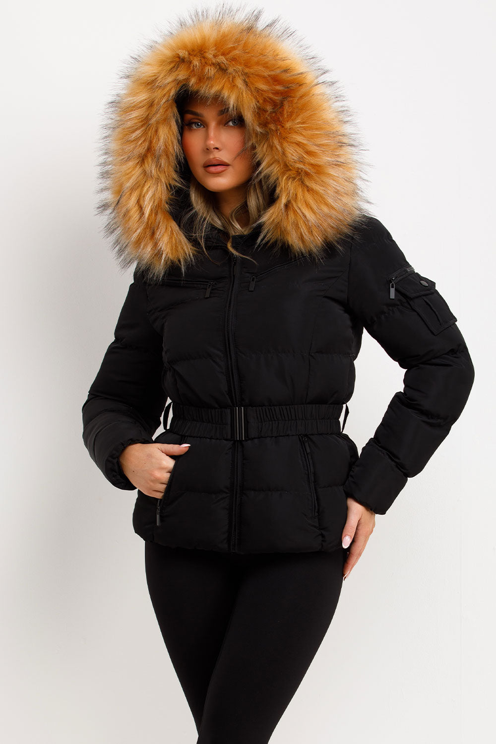 Faux Fur Hood Puffer Jacket With Belt Black