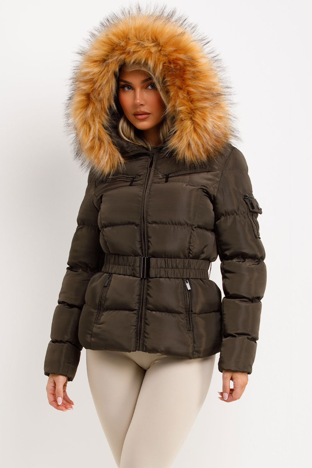 Faux Fur Hood Puffer Jacket With Belt Khaki