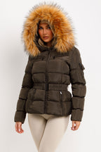 Faux Fur Hood Puffer Jacket With Belt Khaki