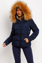 Navy Faux Fur Hooded Jacket With Belt