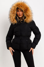 Faux Fur Hood Puffer Jacket With Belt Black