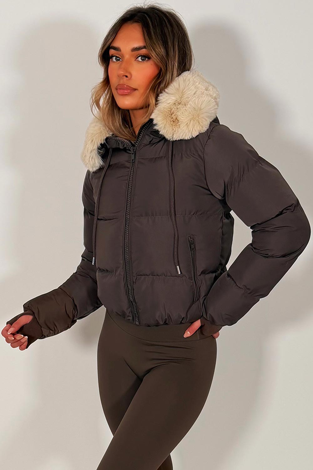 Brown Puffer Jacket With Fur Hood