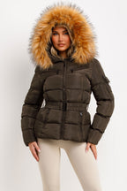 Faux Fur Hood Puffer Jacket With Belt Khaki