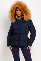 Navy Faux Fur Hooded Jacket With Belt