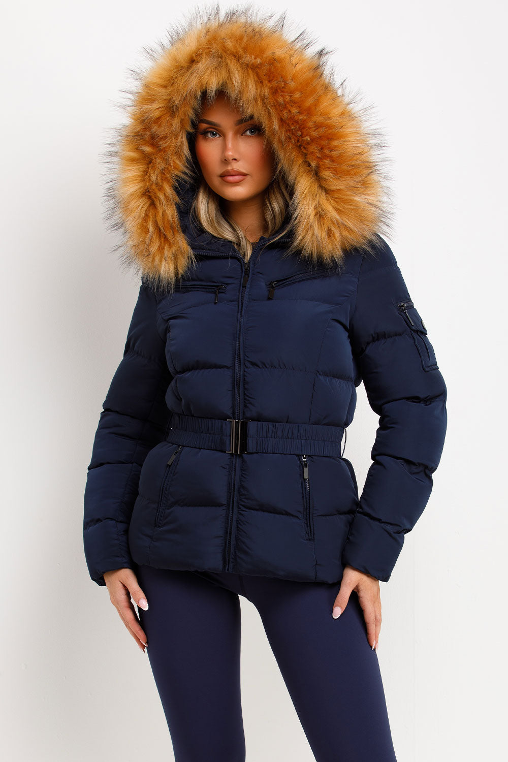 Navy Faux Fur Hooded Jacket With Belt