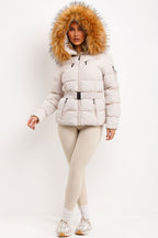 Faux Fur Hood Puffer Jacket With Belt Beige