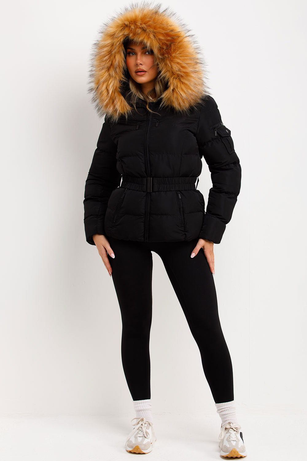 Faux Fur Hood Puffer Jacket With Belt Black