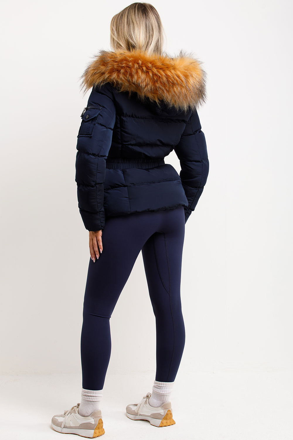 Navy Faux Fur Hooded Jacket With Belt