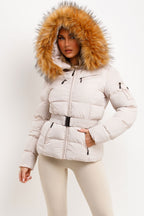 Faux Fur Hood Puffer Jacket With Belt Beige