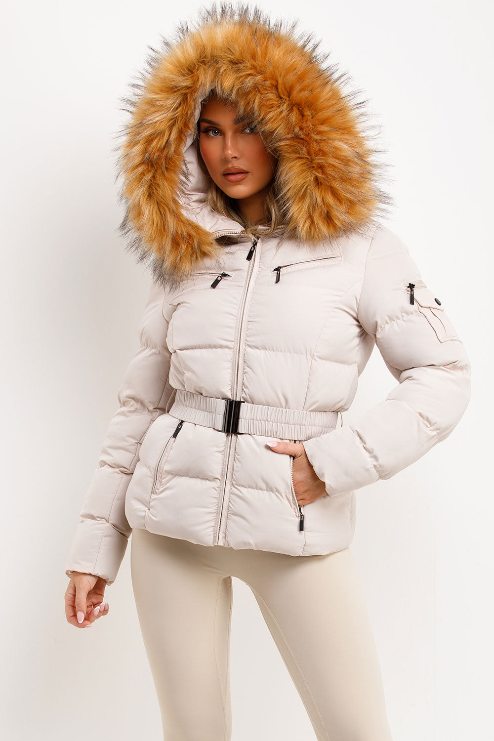 Faux Fur Hood Puffer Jacket With Belt Beige