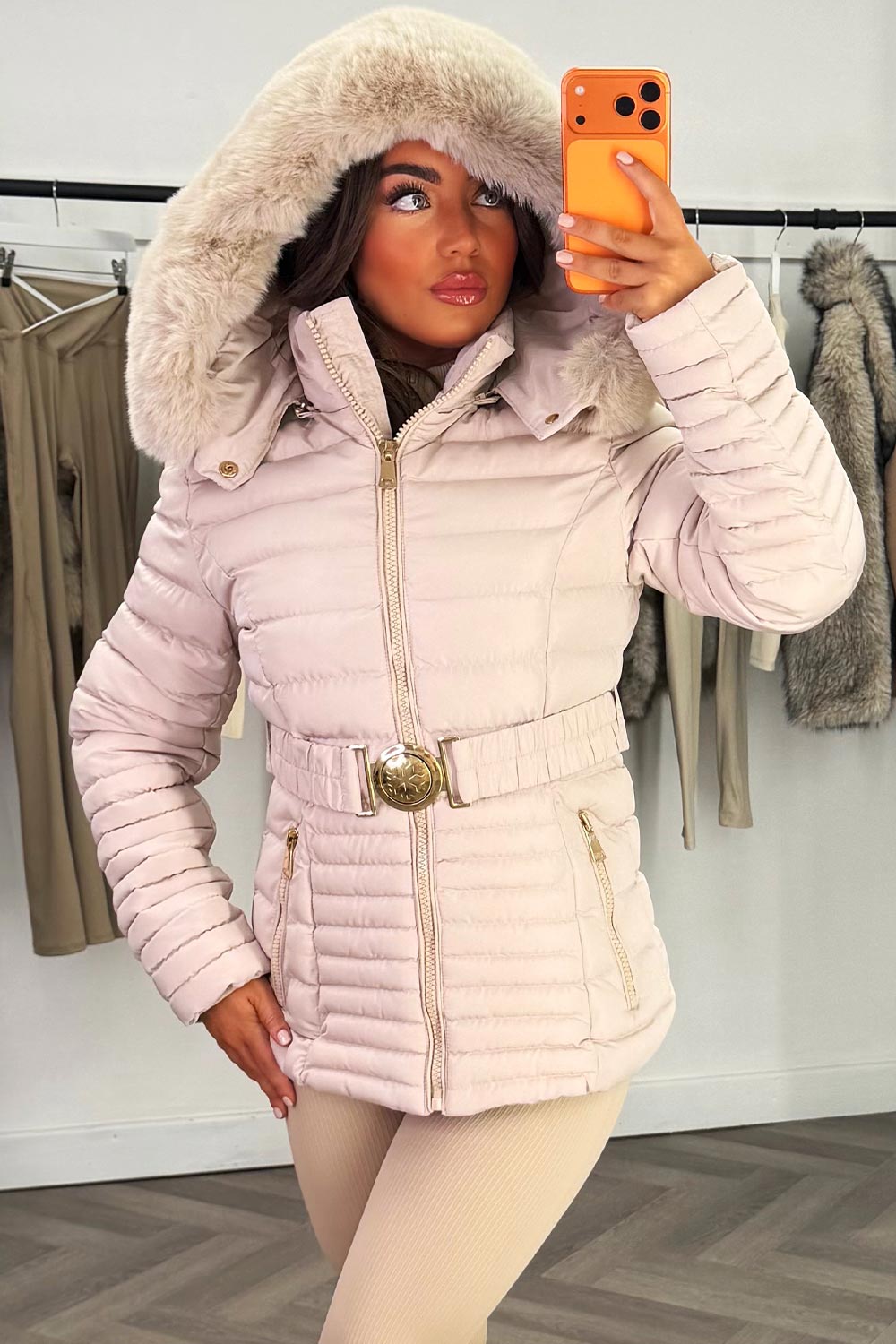 Puffer Jacket With Faux Fur Hood And Gold Belt Beige