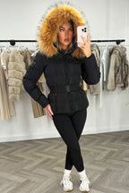 Faux Fur Hood Puffer Jacket With Belt Black