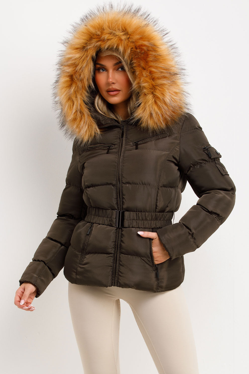 Faux Fur Hood Puffer Jacket With Belt Khaki