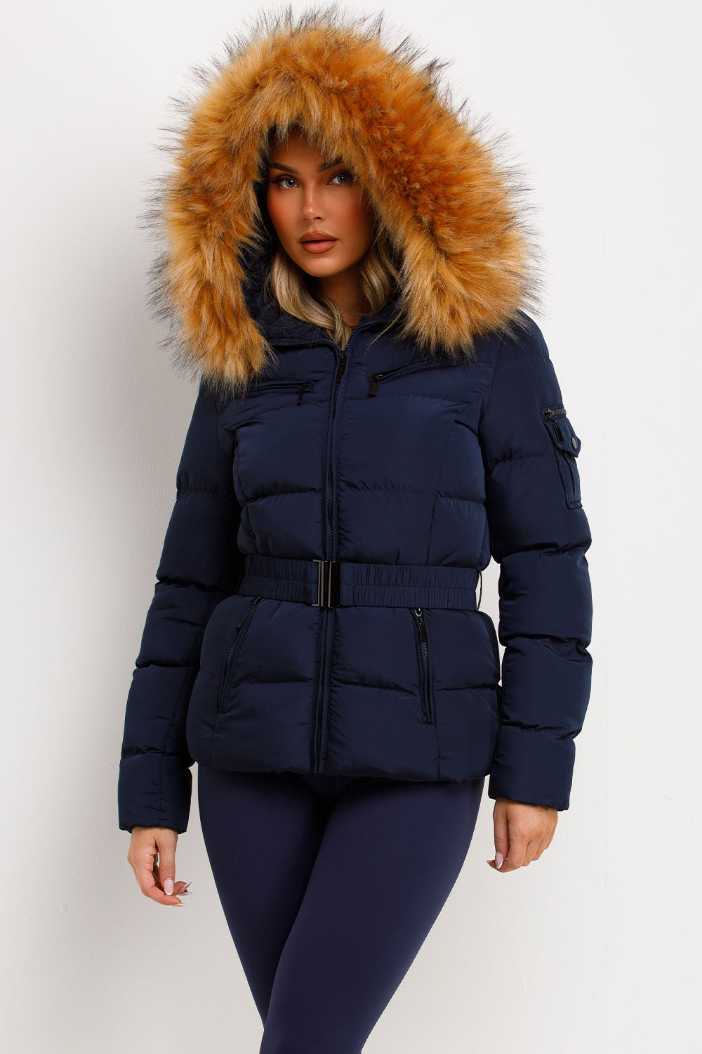 Navy Faux Fur Hooded Jacket With Belt