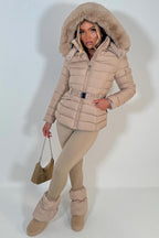 Puffer Padded Winter Jacket With Faux Fur Hood Beige