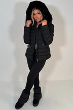 Black Puffer Padded Winter Jacket With Faux Fur Hood