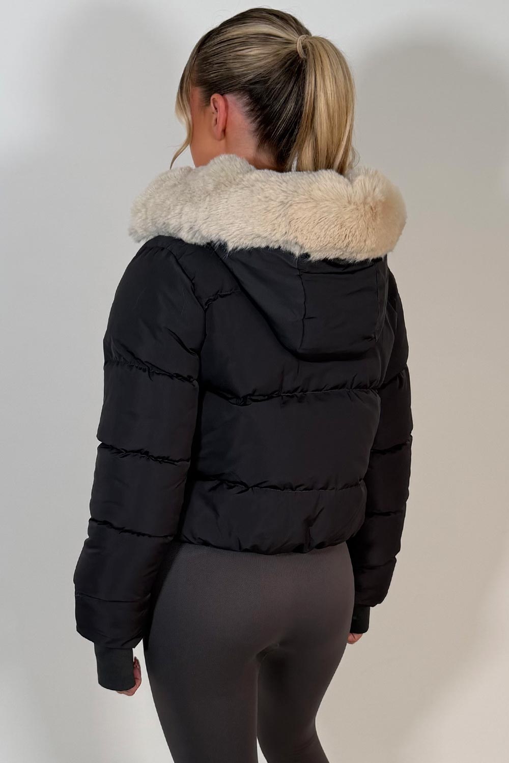 Puffer Jacket With Fur Hood Charcoal Grey