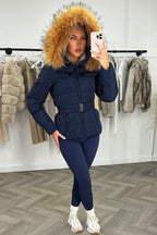Navy Faux Fur Hooded Jacket With Belt