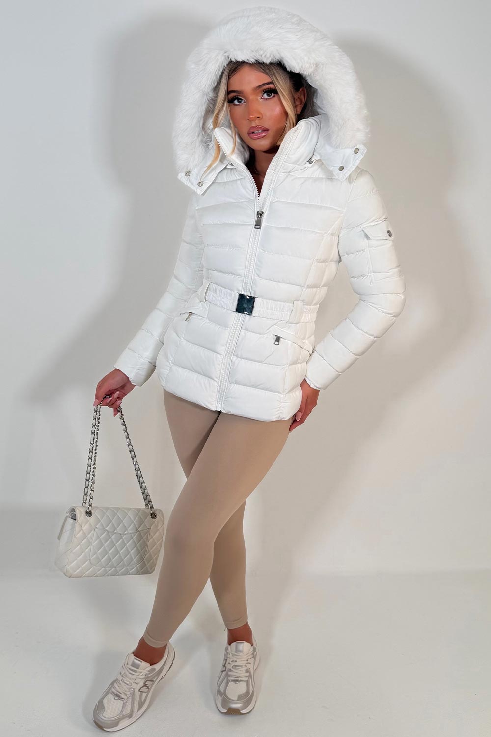 Puffer Padded Winter Jacket With Faux Fur Hood White