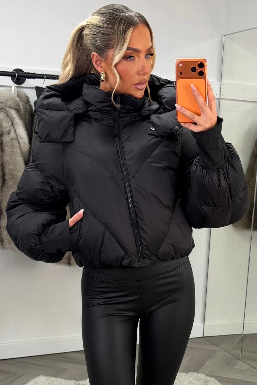 Black Puffer Padded Jacket With Hood