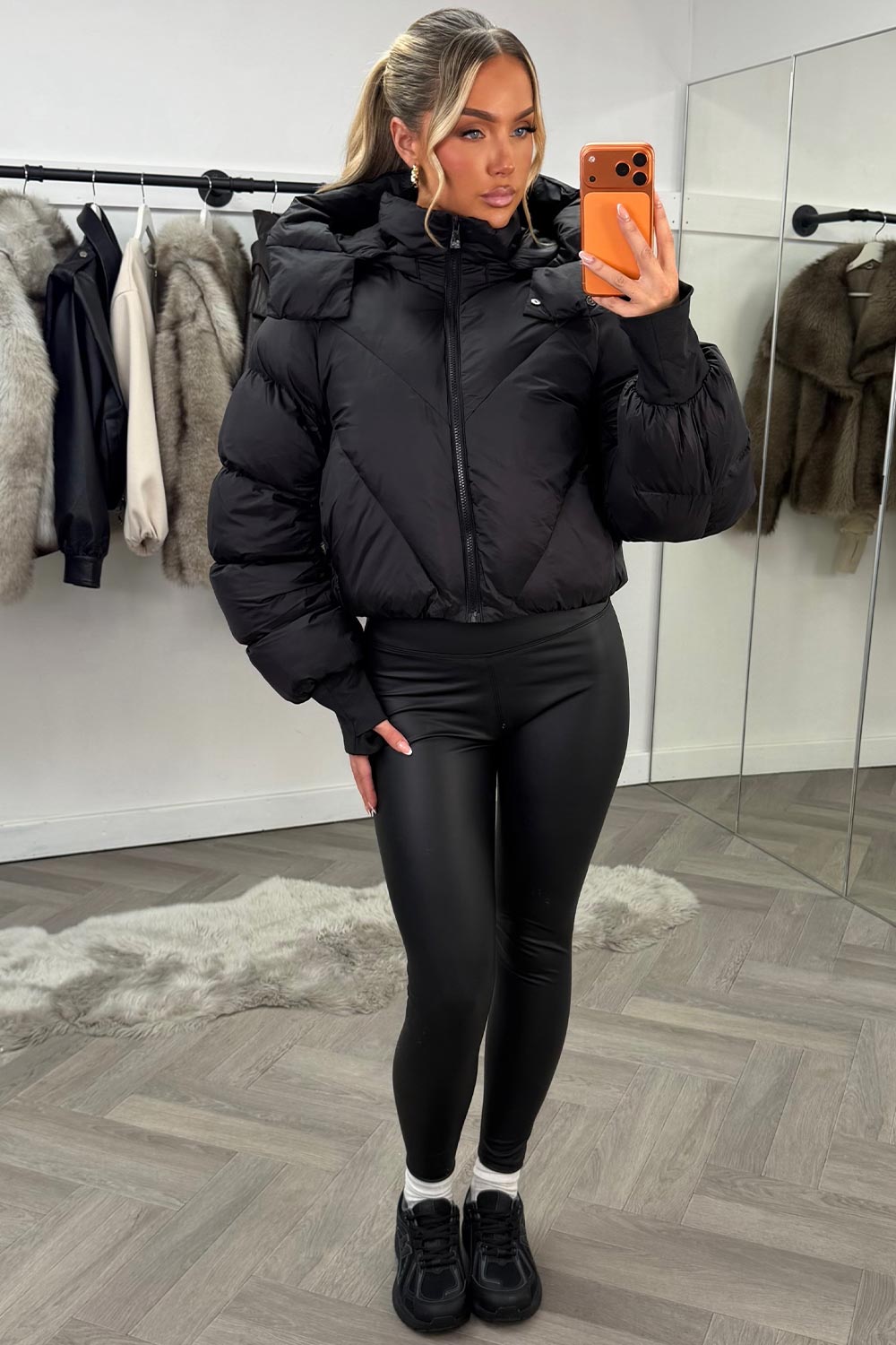 Black Puffer Padded Jacket With Hood