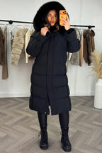 Long Puffer Down Coat With Faux Fur Hood Black