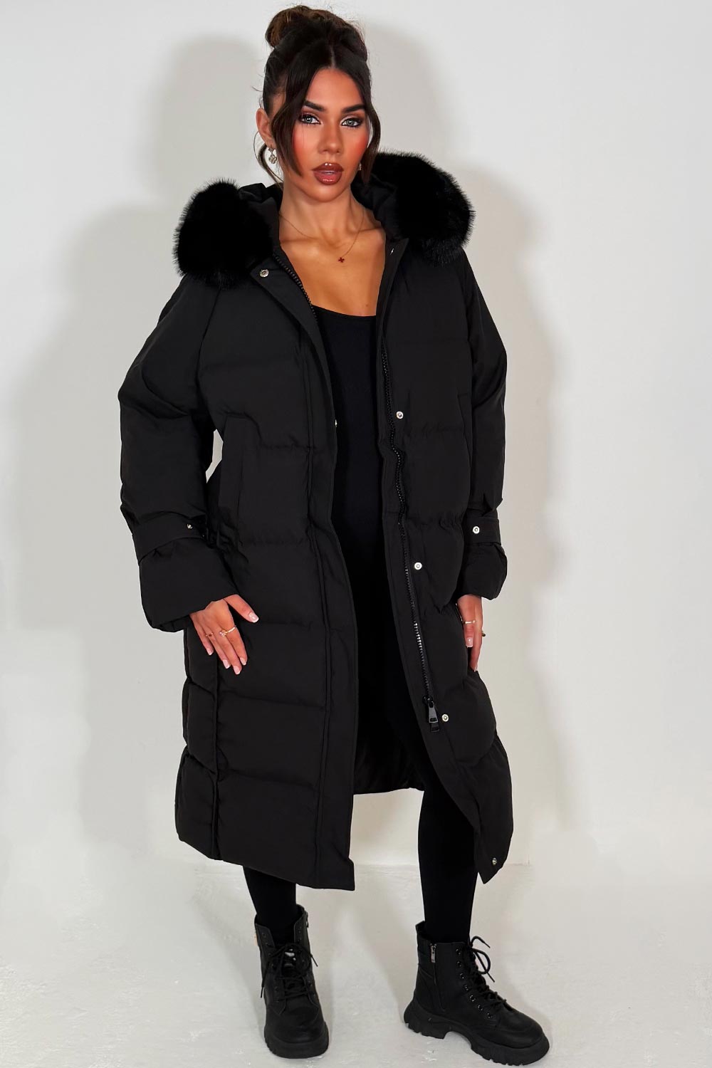 Long Puffer Down Coat With Faux Fur Hood Black