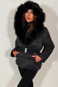 Black Faux Fur Hood Puffer Jacket With Belt