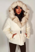 White Faux Fur Hood Puffer Jacket With Belt