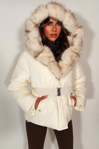 White Faux Fur Hood Puffer Jacket With Belt