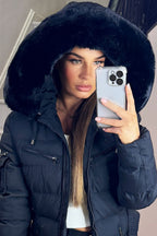 Long Puffer Coat With Fur Hood And Belt Black