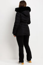 Black Puffer Coat With Faux Fur Hood And Belt