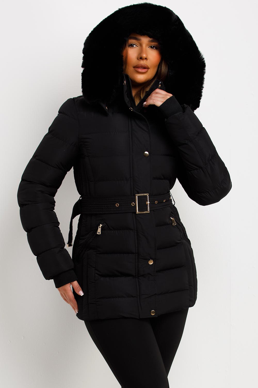 Black Puffer Coat With Faux Fur Hood And Belt