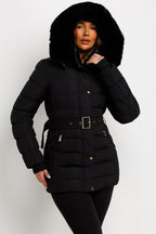 Black Puffer Coat With Faux Fur Hood And Belt