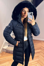 Long Puffer Coat With Fur Hood And Belt Black