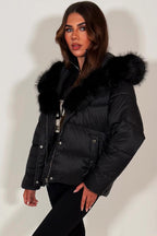 Black Faux Fur Hood Puffer Jacket With Belt