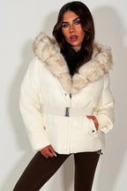 White Faux Fur Hood Puffer Jacket With Belt