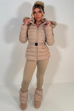 Puffer Padded Winter Jacket With Faux Fur Hood Beige