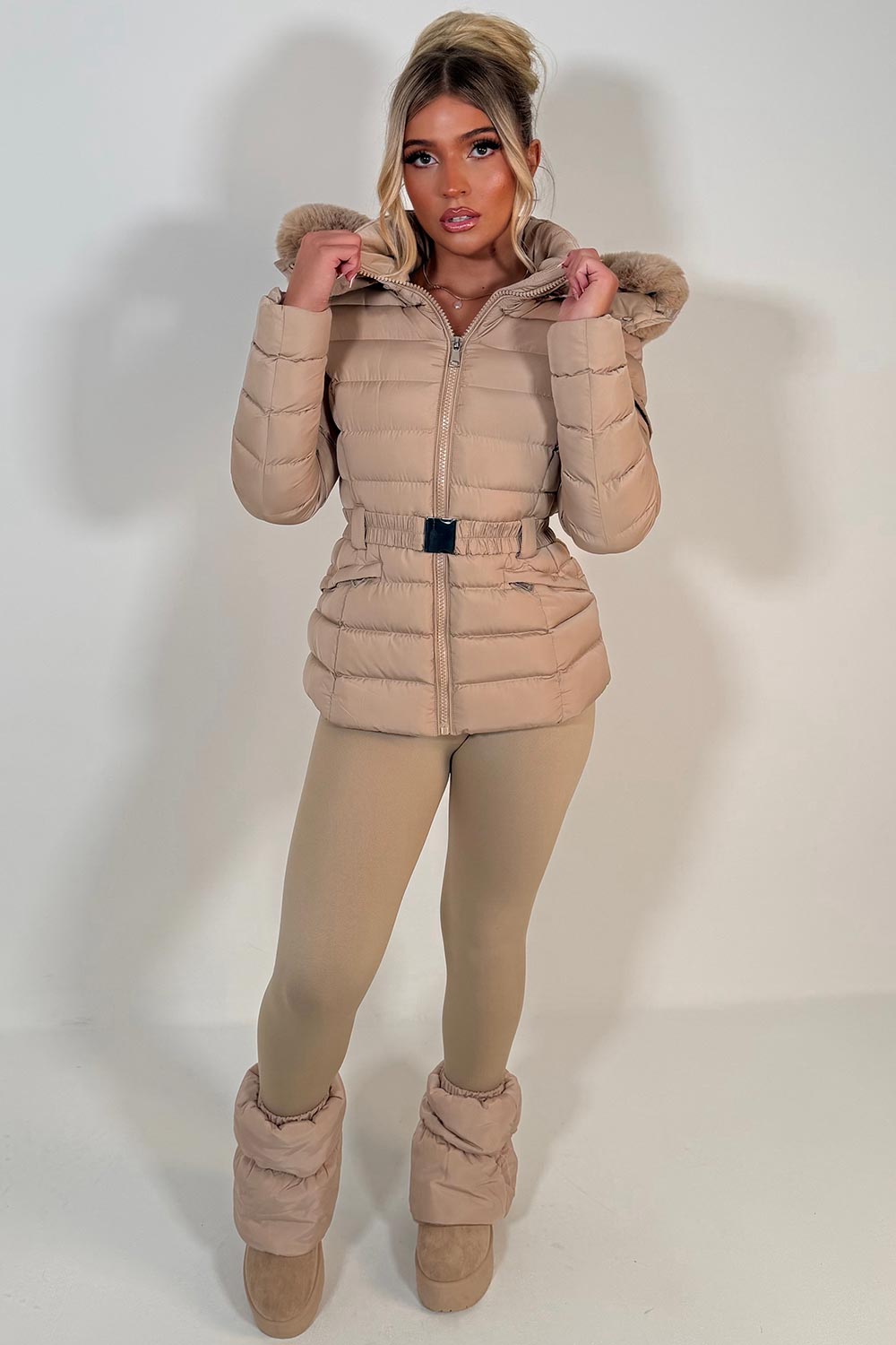 Puffer Padded Winter Jacket With Faux Fur Hood Beige