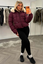 Puffer Jacket With Fur Hood Burgundy