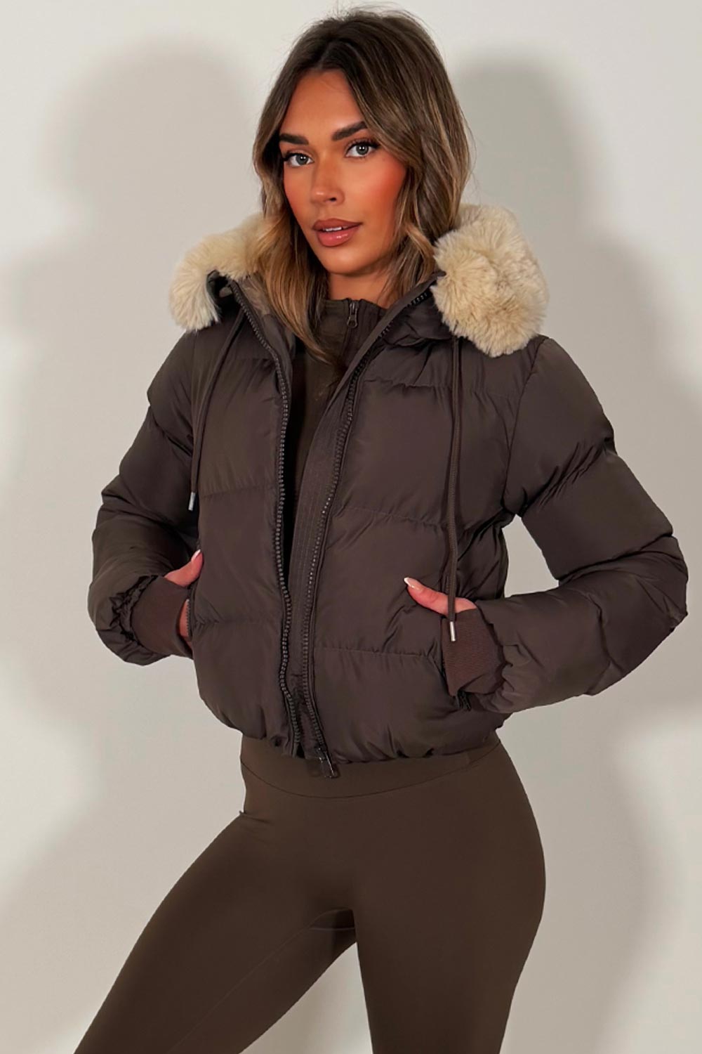 Brown Puffer Jacket With Fur Hood