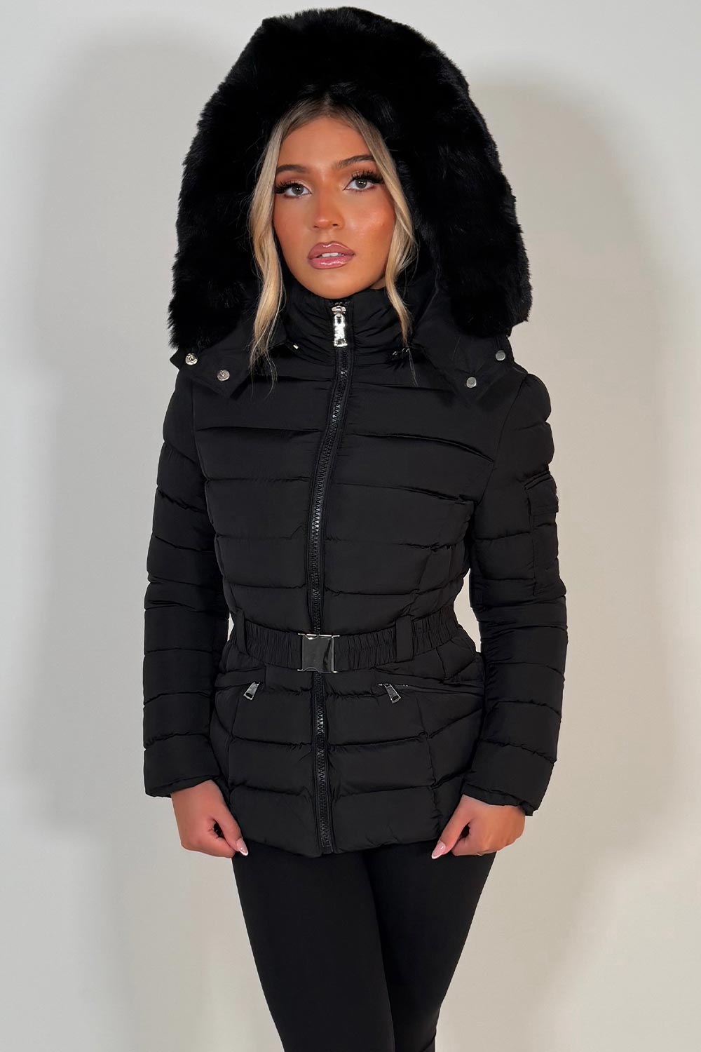 Black Puffer Padded Winter Jacket With Faux Fur Hood