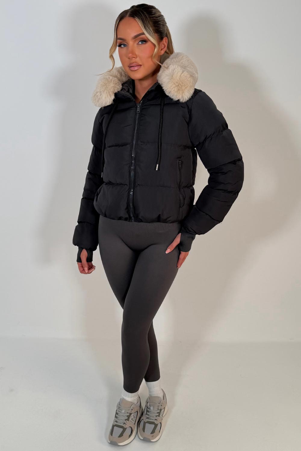 Puffer Jacket With Fur Hood Charcoal Grey