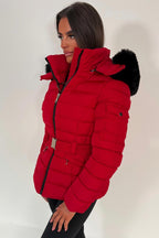 Puffer Padded Winter Jacket With Faux Fur Hood Red