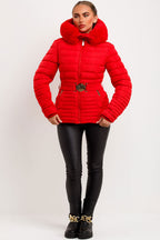 Red Puffer Jacket With Faux Fur Hood And Gold Belt