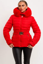 Red Puffer Jacket With Faux Fur Hood And Gold Belt